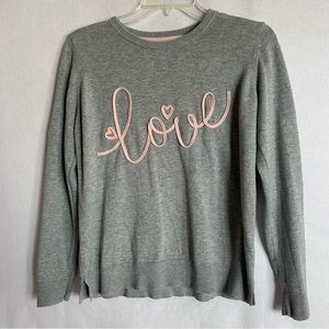 Celebrate Together Cursive Love Applique Grey pink Crew neck Sweater SMALL